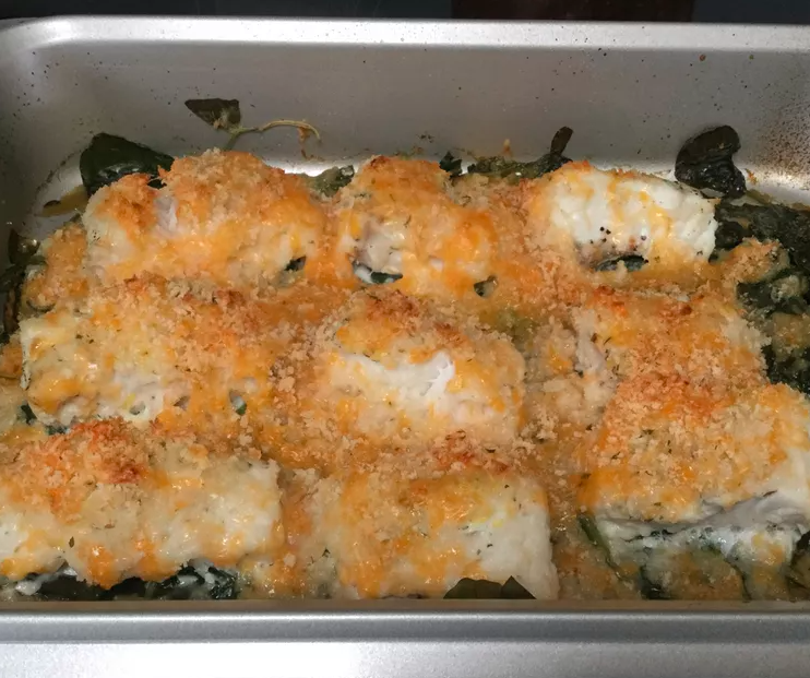 Crispy Cheesy Fish & Spinach Casserole.