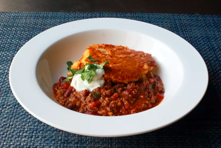 Hearty Firehouse Chili & Cornbread Casserole.