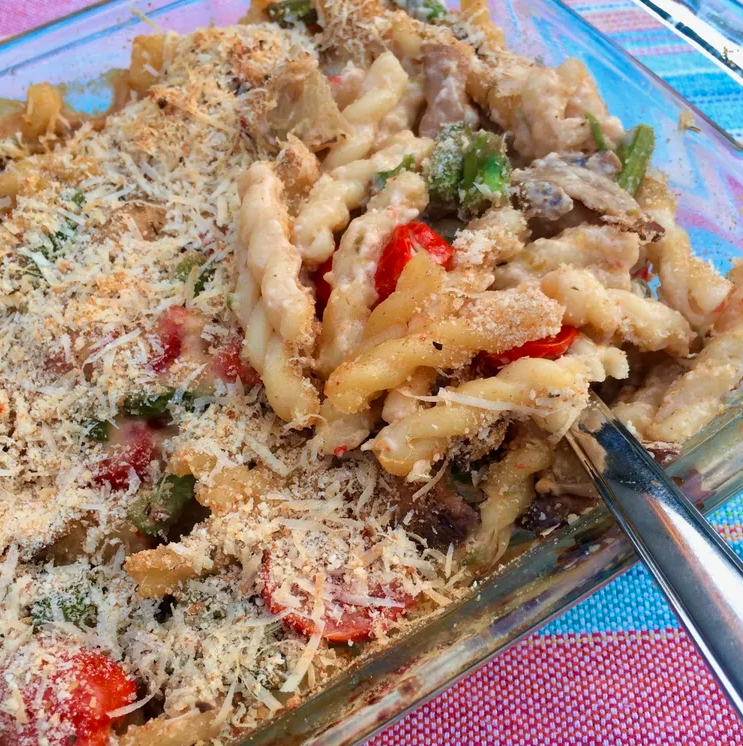 Easy Baked Asparagus & Mushroom Pasta Casserole.